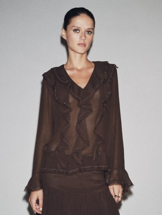 Zara Tops - Zara NWT ZW COLLECTION BEADED RUFFLED BLOUSE Brown 5107/287/700 Size Small